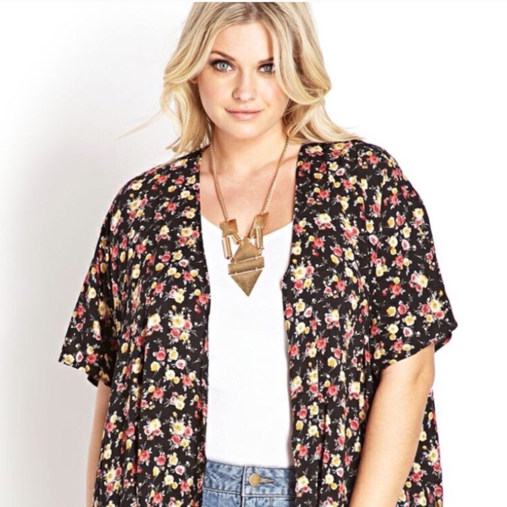 Forever 21 Black Floral Short Sleeve Cardigan